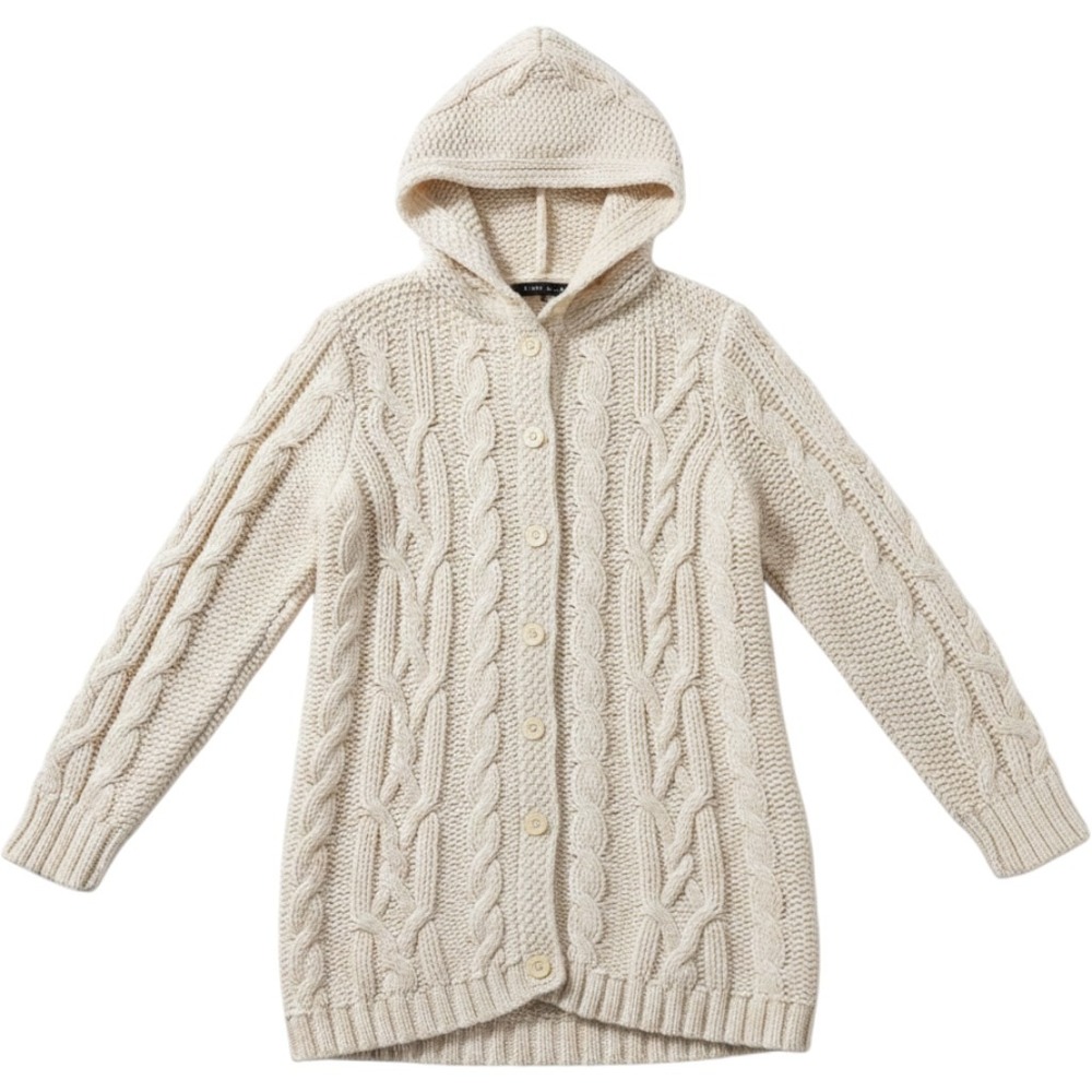 Lands' End Cardigan Sweater Kids 6X Cream Fisherman Cable Knit Hooded